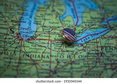 Toledo, Ohio Pinned On A Map With USA Flag