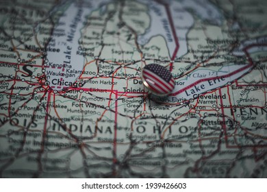 Toledo, Ohio Pinned On A Map With USA Flag