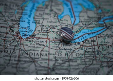 Toledo, Ohio Pinned On A Map With USA Flag