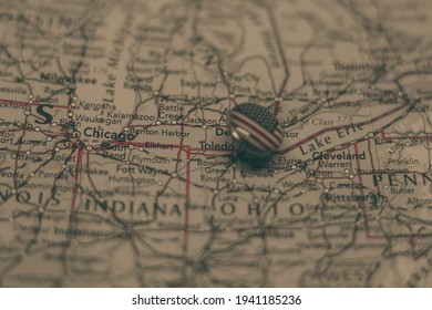 Toledo, Ohio Pinned On A Map With USA Flag