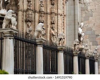 TOLEDO, SPAIN - APRIL 24, 2018: The column-mullion of the Portal of the Lions, the most modern gate of the Primal Cathedral of Saint Mary of Toledo.