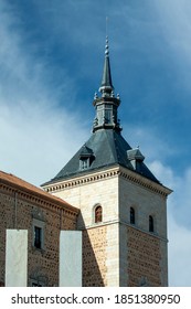 Alcázar Of Toledo, Spain. Detail Of The Top Of One Of Its Four Medieval Stone Towers.