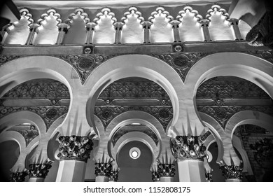 TOLEDO, SPAIN - June 2018: Ancient  Synagogue Of Santa María La Blanca Interior Elements, Toledo, Spain