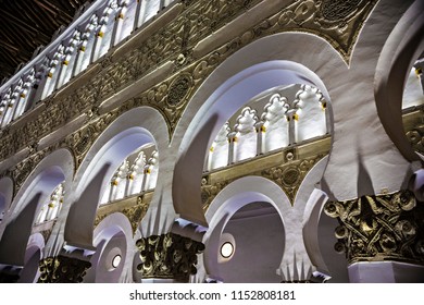 TOLEDO, SPAIN - June 2018: Ancient  Synagogue Of Santa María La Blanca Interior Elements, Toledo, Spain