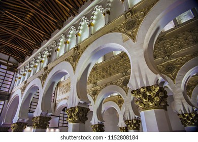 TOLEDO, SPAIN - June 2018: Ancient  Synagogue Of Santa María La Blanca Interior Elements, Toledo, Spain