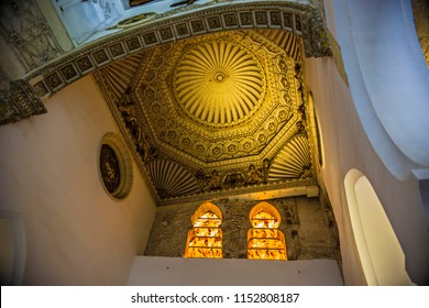 TOLEDO, SPAIN - June 2018: Ancient  Synagogue Of Santa María La Blanca Interior Elements, Toledo, Spain