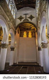 TOLEDO, SPAIN - June 2018: Ancient  Synagogue Of Santa María La Blanca Interior Elements, Toledo, Spain