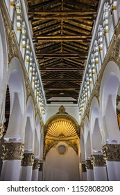 TOLEDO, SPAIN - June 2018: Ancient  Synagogue Of Santa María La Blanca Interior Elements, Toledo, Spain