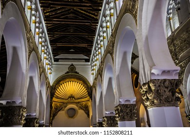 TOLEDO, SPAIN - June 2018: Ancient  Synagogue Of Santa María La Blanca Interior Elements, Toledo, Spain