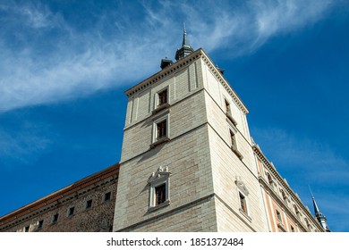 Alcázar Of Toledo, Spain. A Low Angle View Of One Of The Fortress Tower,