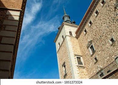 Alcázar Of Toledo, Spain. A Low Angle View Of One Of The Fortress Tower,