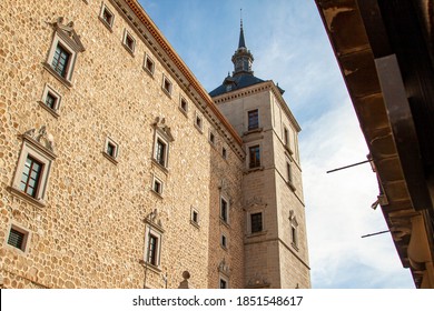 Alcázar Of Toledo, Spain. A Low Angle View Of One Of The Fortress Towers.