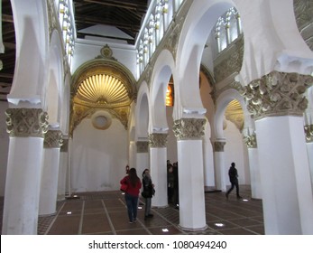 Toledo, Spain - March 14 2018: The Interior Of The Museum And Former Synagogue Of Santa María La Blanca, Which Was Erected In 1180 