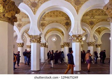 TOLEDO, SPAIN - MARCH 28, 2018: Synagogue Of Santa María La Blanca. Originally Known As The Ibn Shushan Synagogue, It Is Disputably Considered The Oldest Synagogue Building In Europe Still Standing.