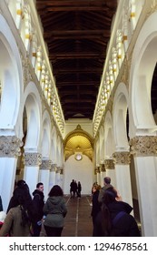 TOLEDO, SPAIN - MARCH 28, 2018: Synagogue Of Santa María La Blanca. Originally Known As The Ibn Shushan Synagogue, It Is Disputably Considered The Oldest Synagogue Building In Europe Still Standing.