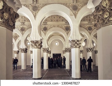 TOLEDO, SPAIN - MARCH 28, 2018: Synagogue Of Santa María La Blanca. Originally Known As The Ibn Shushan Synagogue, It Is Disputably Considered The Oldest Synagogue Building In Europe Still Standing.