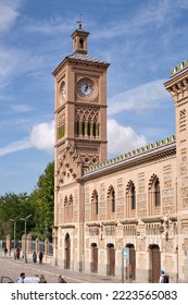 Toledo, Spain - OCT 22, 2022: Close-up Of The Clock Tower Of The Toledo Railway Station, Designed By Architect Narciso Clavería Y De Palacios In The Neo-Mudéjar Style.