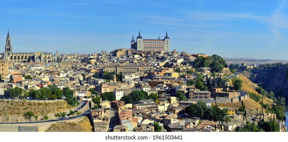 Toledo, Spain - October 7 2016: View Of Cathedral And Alcázar Of Toledo Spain