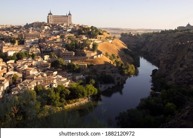 Toledo, Spain - Sept. 22, 2013: Landscape View Of The City Of Toledo, The Alcázar Of Toledo And The Tagus River.