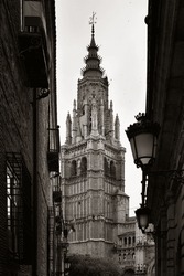 Toledo Town Street View With Historical Buildings In Spain.