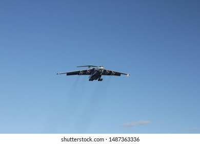 TOLMACHEVO, NOVOSIBIRSK, RUSSIA - 25 AUGUST 2019: Il-76 Landing In Blue Sky At Novosibirsk, Tolmachevo Airport.