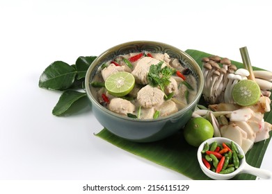 Tom Kha Gai. Thai Chicken Coconut Soup In A Bowl. Isolated On A White Background. Place With Ingredients Chicken Breast, Galangal, Lemongrass, Mushroom, Kaffir Lime Leaves, Lime, Chili, Coriander.