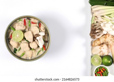 Tom Kha Gai. Thai Chicken Coconut Soup In A Bowl. Isolated On A White Background. Place With Ingredients Chicken Breast, Galangal, Lemongrass, Mushroom, Kaffir Lime Leaves, Lime, Chili, Coriander.