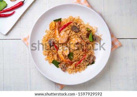 Tom Yum Fried Rice with prawns and Straw mushroom,Top view