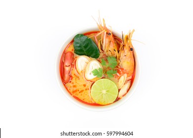 Tom Yum Goong Spicy Sour Soup Isolated On White Background Top View, Thai Local Food