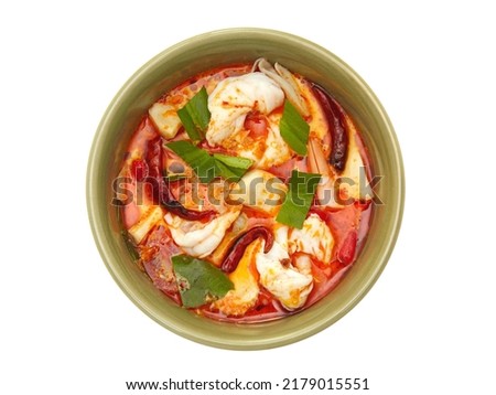 Tom Yum Goong Spicy Sour Soup isolated on white background, Thai local food. Top view