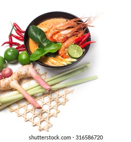 Tom Yum Goong Thai Food Traditional  Cuisine With Ingredient On White Isolated Background