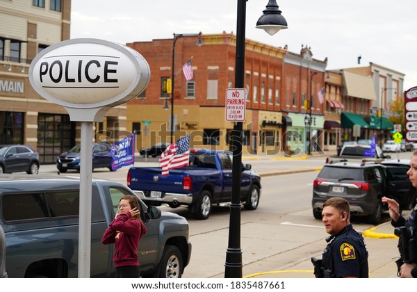 Tomah, Wisconsin / USA - Oct 17th,\
2020: Pro president trump and blue lives matter supporters gathered\
and paraded through the streets showing support.\
