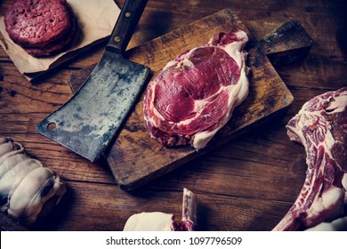 Tomahawk beef steak at a butcher shop