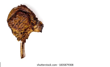 Tomahawk Steak Barbecue Isolated On White Background.
Beef Steak Cooked.
Top View.
Flat Lay.
Copy Space.