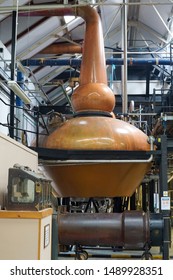 Tomatin, Inverness, Scotland - April 30 2019: The Copper Stills In The Tomatin Distillery In The Scottish Highlands