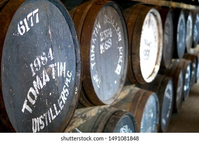 Tomatin, Inverness, Scotland - April 30 2019: Whisky Barrels In A Tomatin Distillery Warehouse