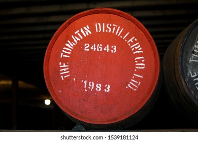 Tomatin, Inverness, Scotland - April 30 2019: A Whisky Barrel From 1983 In A Tomatin Distillery Warehouse