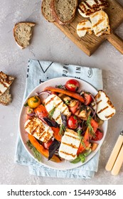 Tomato, Baked Pepper And Onion Salad With Grilled Haloumi Cheese (halloumi). Keto Diet, Healthy Food.