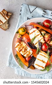 Tomato, Baked Pepper And Onion Salad With Grilled Haloumi Cheese (halloumi). Keto Diet, Healthy Food.