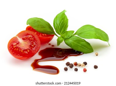 Tomato, Basil And Balsamic Vinegar Isolated On A White Background