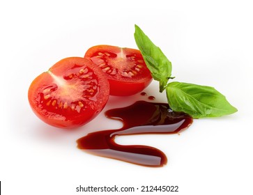 Tomato, Basil And Balsamic Vinegar Isolated On A White Background