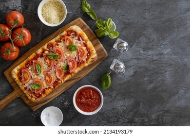 Tomato And Basil Flatbread Pizza Shot From Above