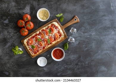 Tomato And Basil Flatbread Pizza Shot From Above