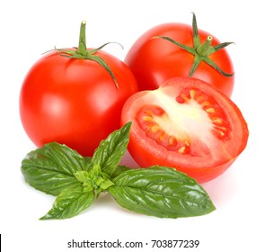 Tomato With Basil Leaf Isolated On White Background