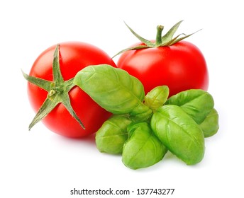 Tomato And Basil Leaves Isolated