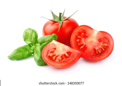 Tomato And Basil Leaves Isolated 