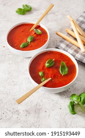 Tomato And Bell Pepper Vegetarian Soup On Green Background