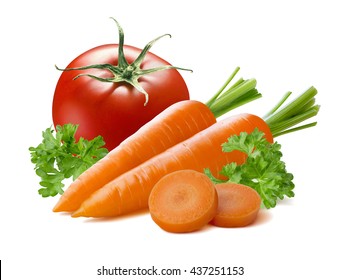 Tomato carrot pieces vegetable isolated on white background as package design element