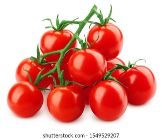 Tomato Cherry On Branch Isolated On White Background, Clipping Path, Full Depth Of Field