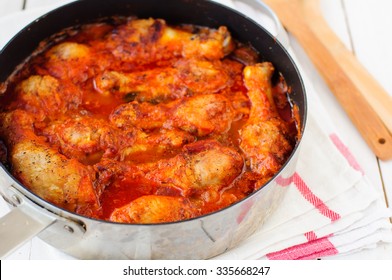 Tomato Chicken And Mushroom Stew In A Skillet